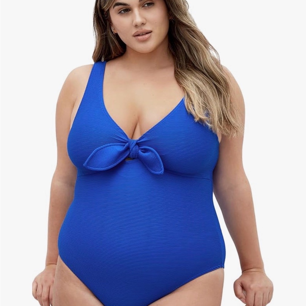 City Chic NWT Blue Ribbed One Piece Swimsuit Bow Front Size 16 Hygiene Liner